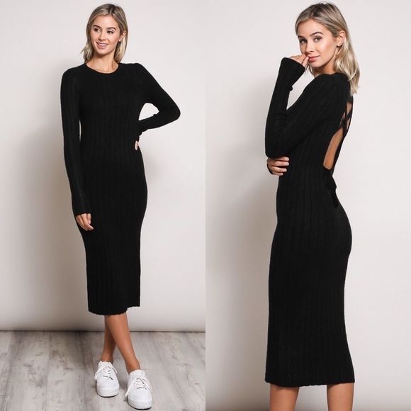 Back Open Sweater Dress- BLA… - Picture 1 of 8